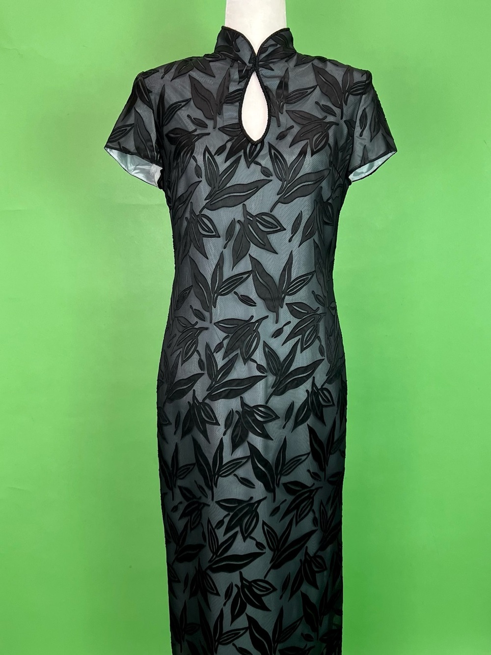 Vintage 90s Black Cheongsam Dress Leaf Print Sheer Overlay - Size Small